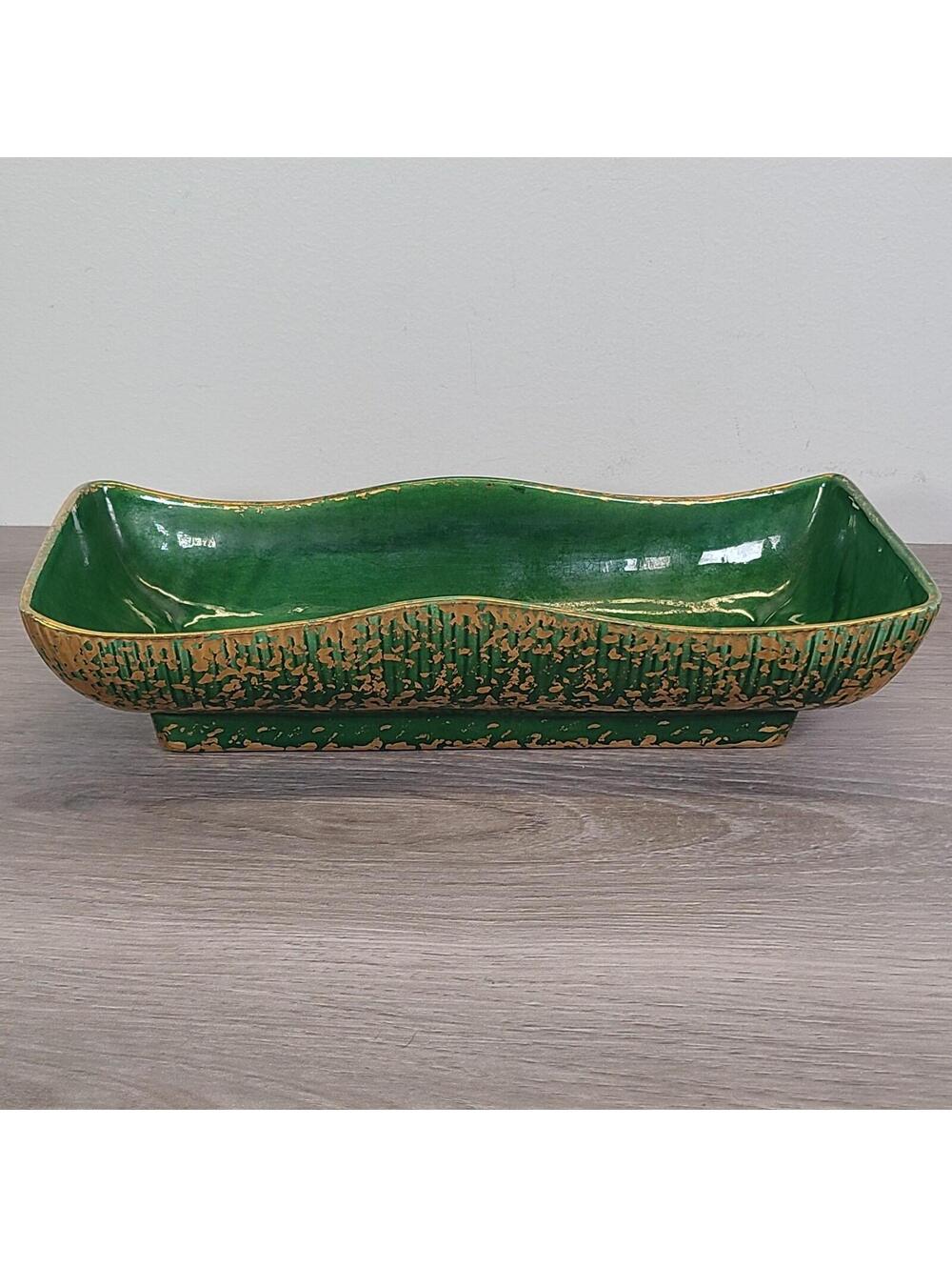 USA Pottery Rectangle Planter Green Gold Splatter Retro Asian